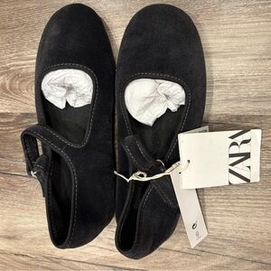 Zara Kids Velvet Ballet Flats with Velcro Strap Navy Dark Gray NWT